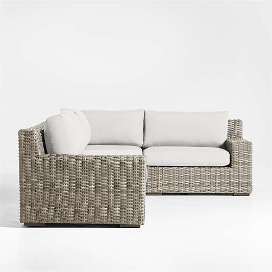 Abaco Grey Resin Wicker 3-Piece Right-Arm Chair Petite L-Shaped Outdoor Sectional Sofa with White Sand Sunbrella ® Cushions