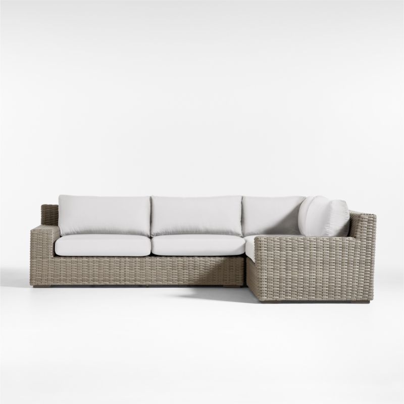 Abaco Grey Resin Wicker -Piece Right-Arm Chair Petite L-Shaped Outdoor Sectional Sofa with White Sand Sunbrella ® Cushions