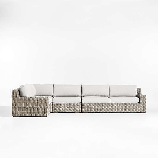 Abaco Grey Resin Wicker 4-Piece Left-Arm Chair Petite L-Shaped Outdoor Sectional Sofa with White Sand Sunbrella ® Cushions