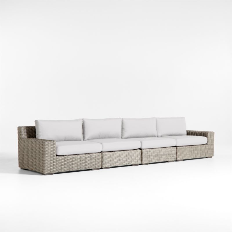 Abaco 146" Grey Resin Wicker 4-Piece Outdoor Sectional Sofa with White Sand Sunbrella ® Cushions