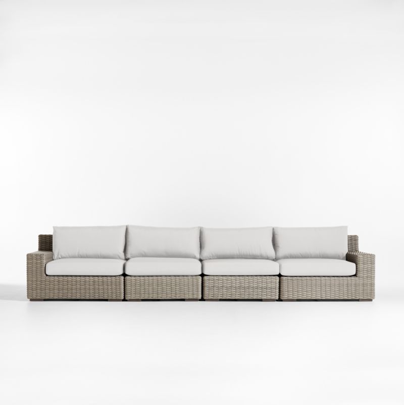 Abaco 146" Grey Resin Wicker 4-Piece Outdoor Sectional Sofa with White Sand Sunbrella ® Cushions