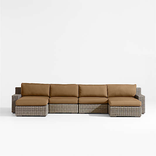 Abaco Double-Chaise All-Weather Wicker Outdoor Sectional Sofa with Cast Teak Sunbrella ® Cushions