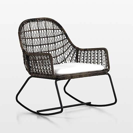 Abie Black Wicker Outdoor Rocking Chair with White Cushion