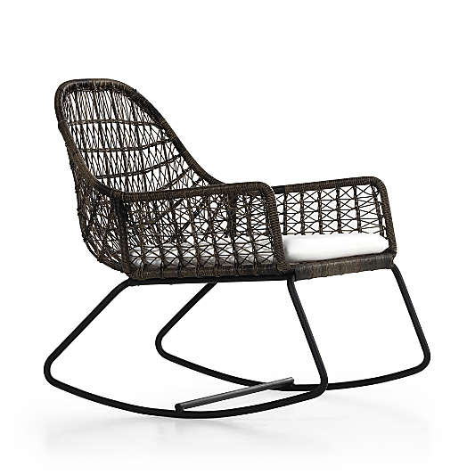 Abie Black Wicker Outdoor Rocking Chair with White Cushion