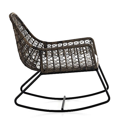 Abie Black Wicker Outdoor Rocking Chair with White Cushion