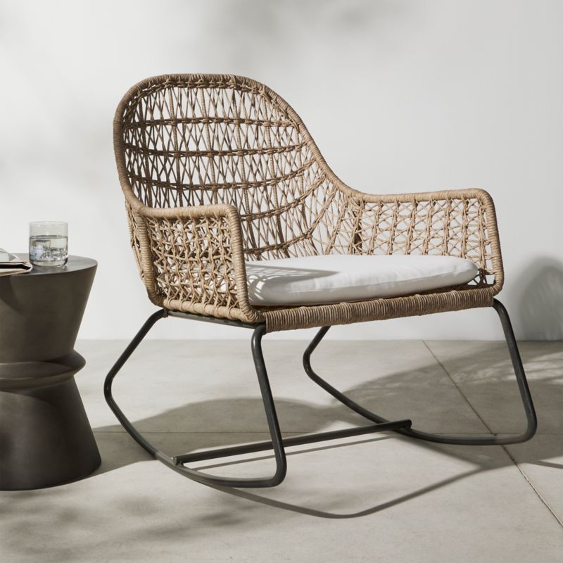 Abie Natural Beige Wicker Outdoor Rocking Chair with White Cushion - image 2 of 10