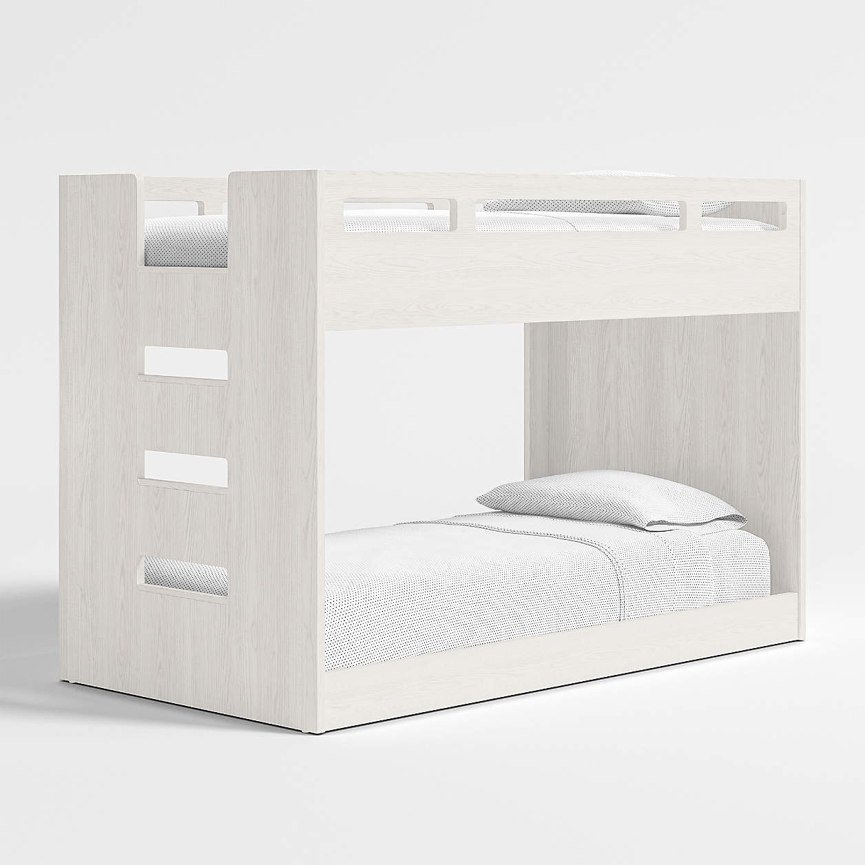 Abridged White Glaze Wood Low Kids Twin Bunk Bed Frame with Left Ladder