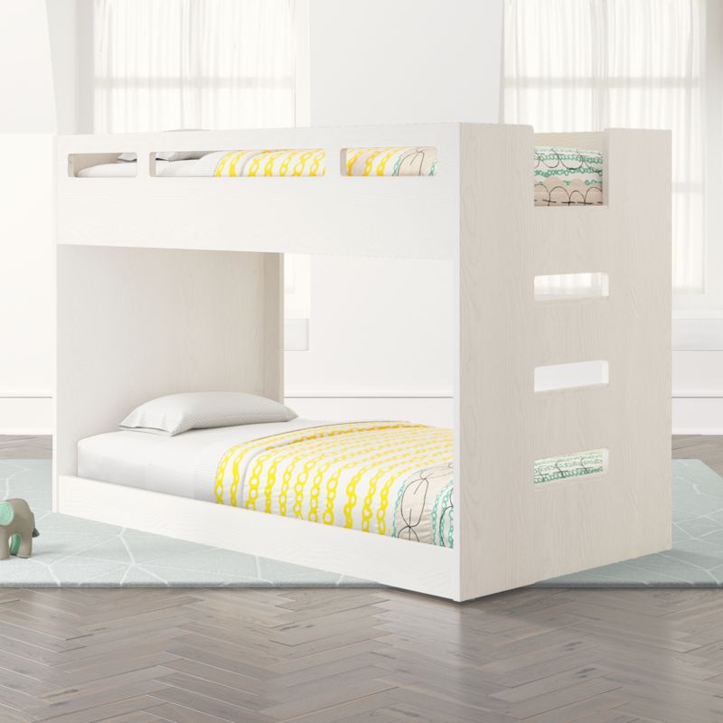 Abridged White Glaze Wood Low Kids Twin Bunk Bed with Right Ladder