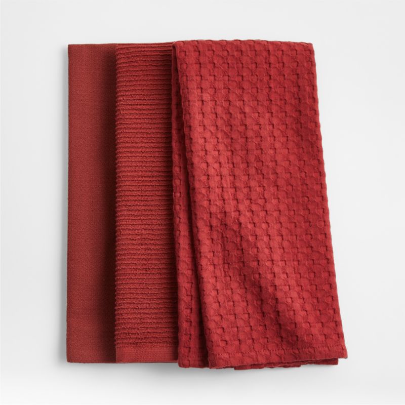 Absorbent MultiWeave Brick Red Tea Kitchen Dish Towels, Set of 3
