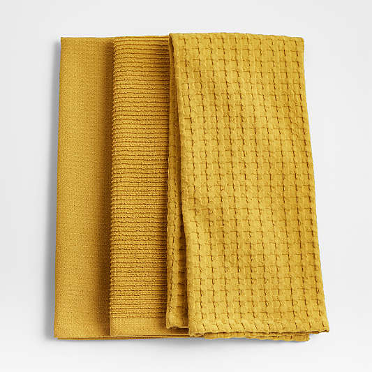 Absorbent Multi-Weave Ocher Yellow Dish Towels, Set of 3