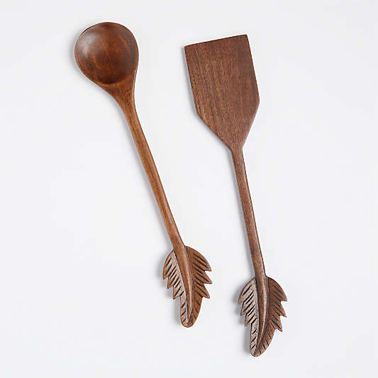 Acacia Carved Feather Wood Serving Utensils