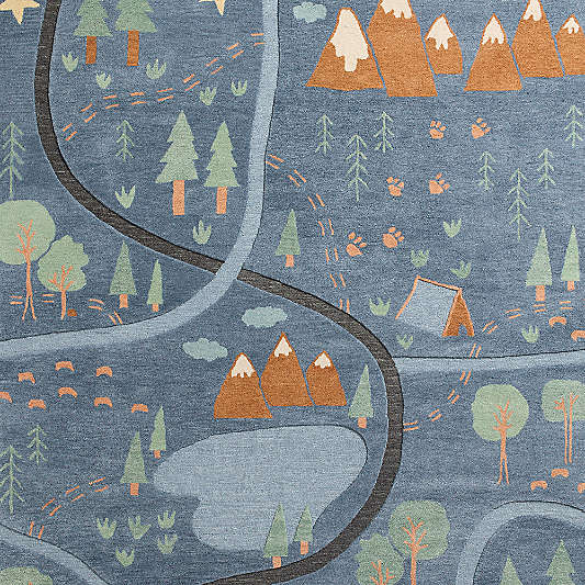 Adventure Map Navy Wool Kids Area Rug Swatch