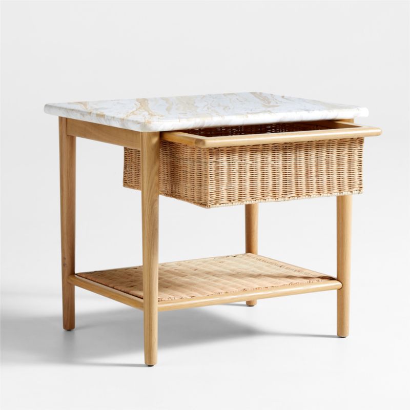 Aeree Natural Oak and Rattan Storage Side Table with Marble Top - image 7 of 13