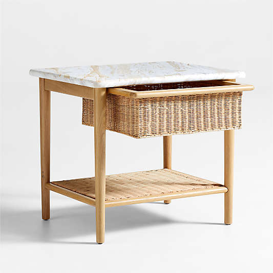 Aeree Natural Oak and Rattan Storage Side Table with Marble Top