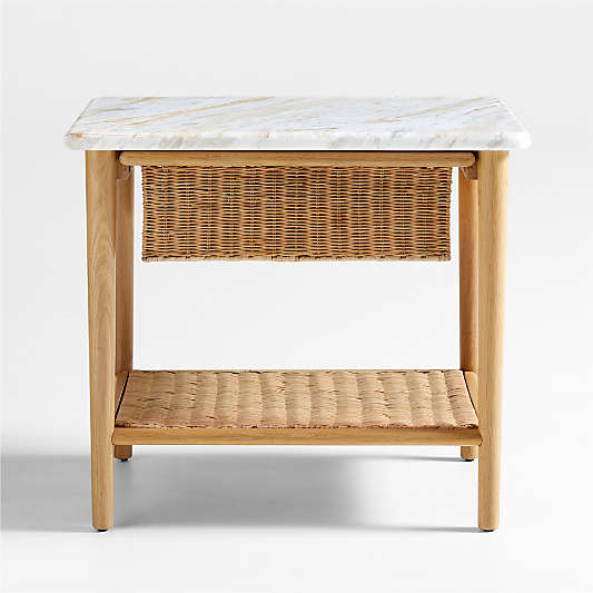 Aeree Natural Oak and Rattan Storage Side Table with Marble Top