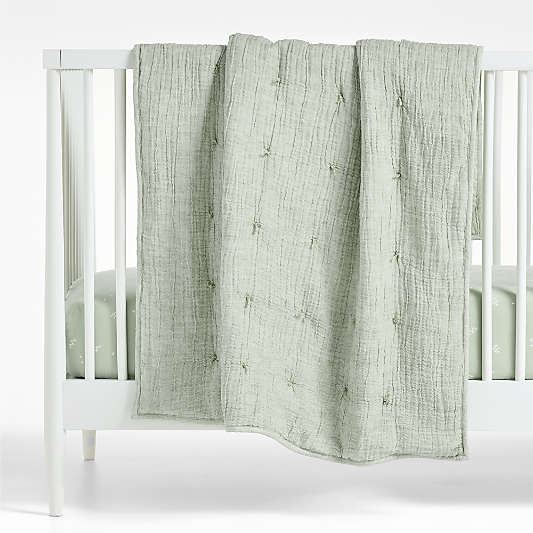 Aire Muted Teal Crinkle Hand-Quilted Organic Cotton Baby Crib Quilt