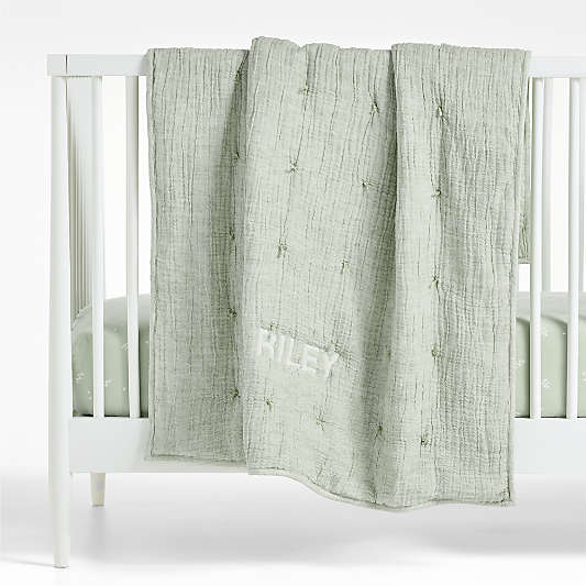 Aire Muted Teal Crinkle Hand-Quilted 100% Organic Cotton Baby Crib Quilt