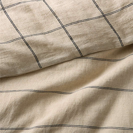 Aire Natural EUROPEAN FLAX ™-Certified Linen Pinstripe Arcadia Tan and Midnight Navy Blue Grid Reversible King Duvet Cover