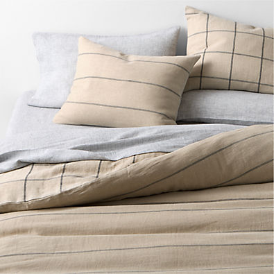 View Aire Natural European Linen Pinstripe Arcadia Tan and Midnight Navy Blue Grid Reversible Full/Queen Duvet Cover details