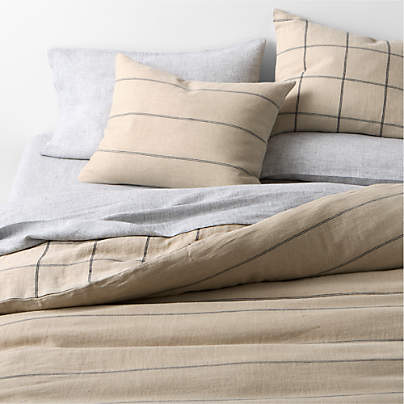 Aire Natural EUROPEAN FLAX ™-Certified Linen Pinstripe Arcadia Tan and Midnight Navy Blue Grid Reversible King Duvet Cover