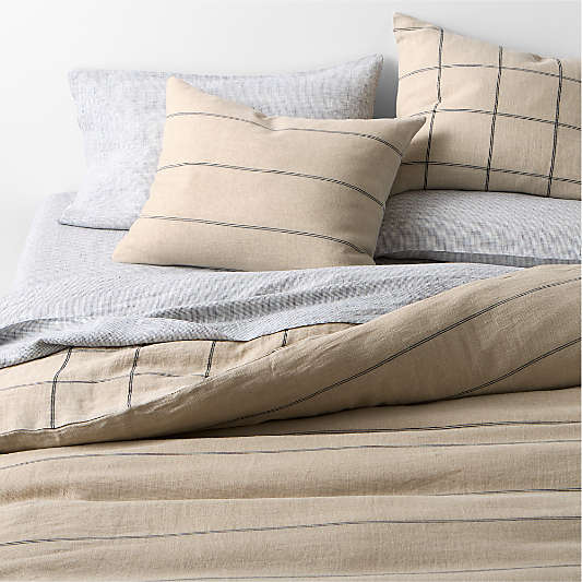 Aire Natural European Linen Pinstripe Arcadia Tan and Midnight Navy Blue Grid Reversible Duvet Cover