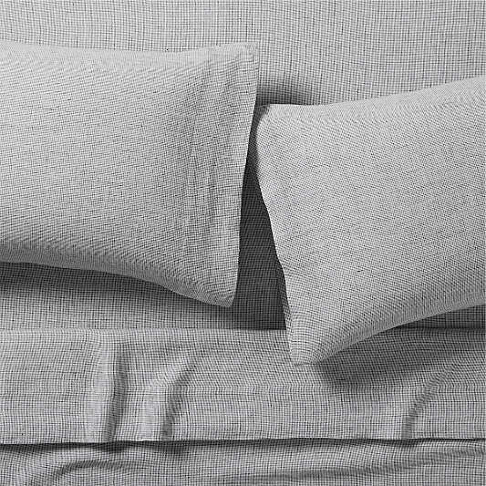 Aire Natural European Linen Midnight Navy Blue Grid Bed Sheet Set