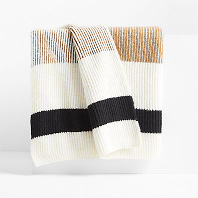 View Ribbed Knit 70"x55" Wool Blend Tan Throw Blanket details