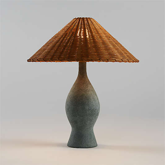 Courbe Green Ceramic Table Lamp with Rattan Shade by Athena Calderone 24.25"