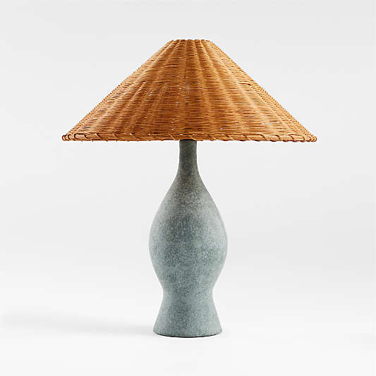 Courbe Green Ceramic Table Lamp with Rattan Shade by Athena Calderone
