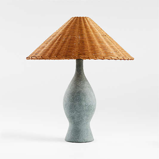 Courbe Green Ceramic Table Lamp with Rattan Shade by Athena Calderone 24.2"