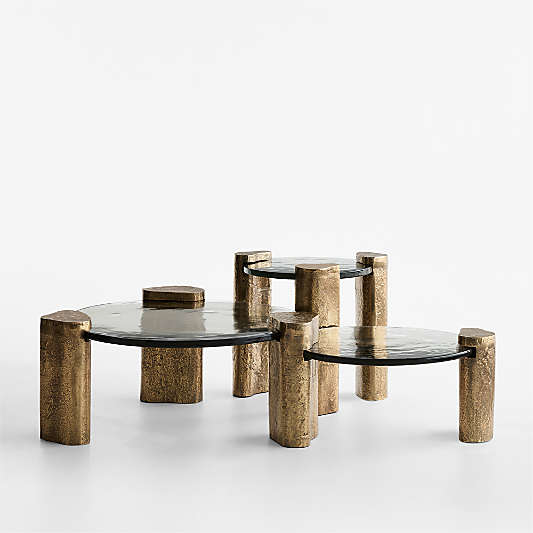 Alchemy Burnished Brass and Cast Glass Tiered Round Coffee Table and End Table Set