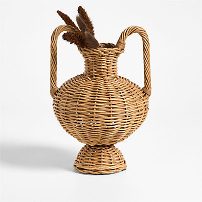 View Alford Small Brown Woven Rattan Double Handle Vase 12" details