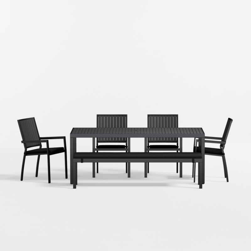 Alfresco 78" Black Metal Outdoor Dining Table Set with Bench and Canvas Black Sunbrella ® Cushions