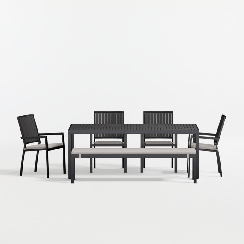 Alfresco 78" Black Metal Outdoor Dining Table Set with Bench and Cast Ash Sunbrella ® Cushions