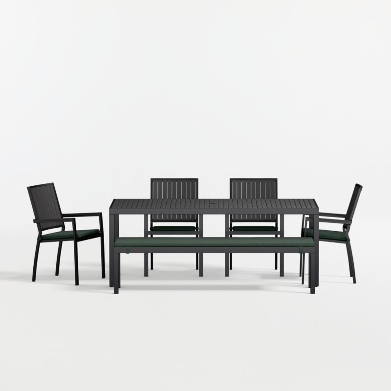 Alfresco 78" Black Metal Outdoor Dining Table Set with Bench and Cast Ivy Sunbrella ® Cushions