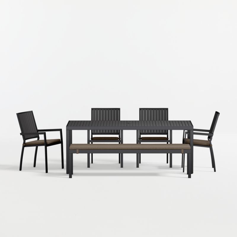 Alfresco 78" Black Metal Outdoor Dining Table Set with Bench and Cast Shale Sunbrella ® Cushions