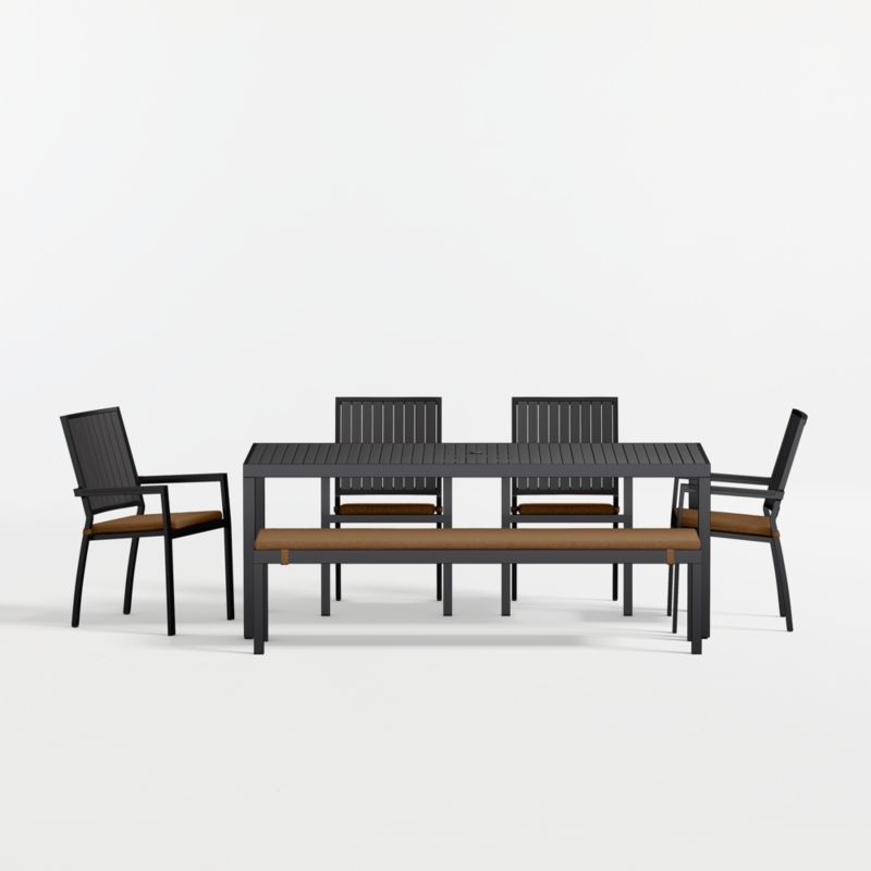 Alfresco 78" Black Metal Outdoor Dining Table Set with Bench and Cast Teak Sunbrella ® Cushions
