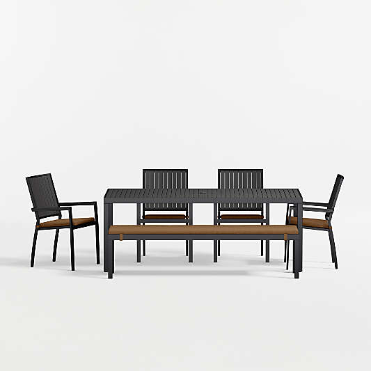 Alfresco 78" Black Metal Outdoor Dining Table Set with Bench and Cast Teak Sunbrella ® Cushions