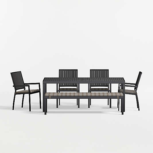 Alfresco 78" Black Metal Outdoor Dining Table Set with Bench and Range Dune Stripe Sunbrella ® Cushions