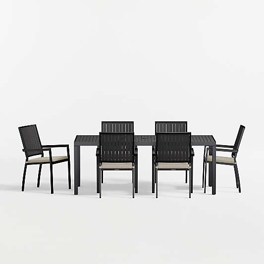 Alfresco 78" Black Metal Outdoor Dining Table Set with Canvas Flax Sunbrella ® Cushions