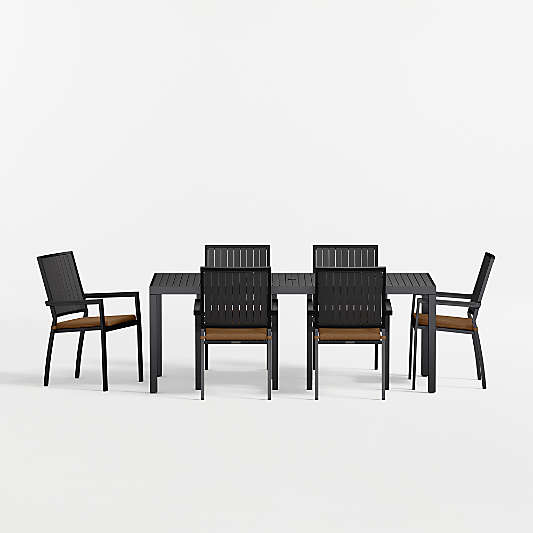 Alfresco 78" Black Metal Outdoor Dining Table Set with Cast Teak Sunbrella ® Cushions