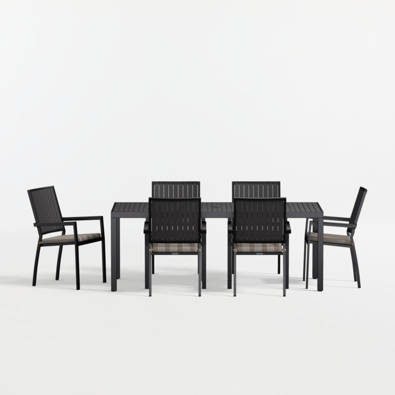 Alfresco 78" Black Metal Outdoor Dining Table Set with Range Dune Stripe Sunbrella ® Cushions