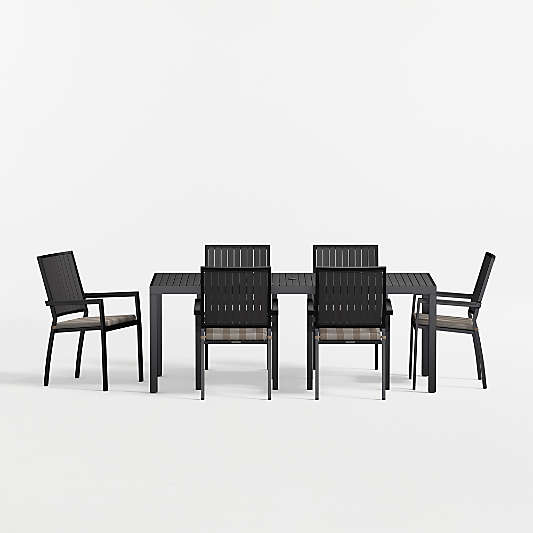 Alfresco 78" Black Metal Outdoor Dining Table Set with Range Dune Stripe Sunbrella ® Cushions