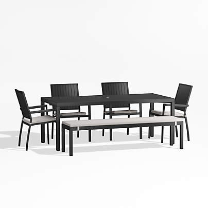 Alfresco 78" Black Metal Outdoor Dining Set with Bench and Silver Cushions