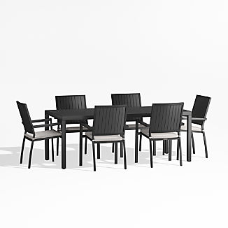 Alfresco 78" Black Metal Outdoor Dining Table Set with Silver Sunbrella ® Cushions