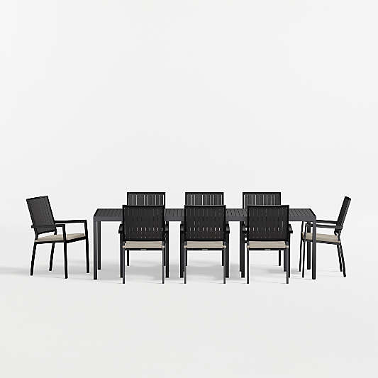 Alfresco 103" Black Metal Outdoor Dining Table Set with with Canvas Flax Sunbrella ® Cushions