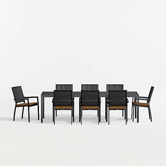 Alfresco 103" Black Metal Outdoor Dining Table Set with with Cast Teak Sunbrella ® Cushions