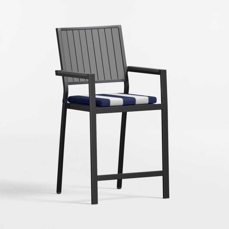 Alfresco Black Metal Outdoor Counter Stool with Navy and White Cabana Stripe Sunbrella ® Cushion - image 2 of 6
