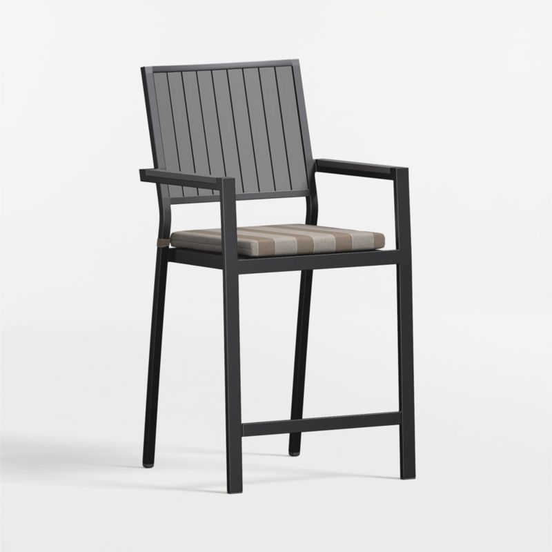 Alfresco Black Metal Outdoor Counter Stool with Range Dune Stripe Sunbrella ® Cushion - image 2 of 6