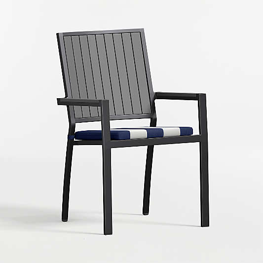 Alfresco Black Metal Outdoor Dining Armchair with Navy and White Cabana Stripe Sunbrella ® Cushion